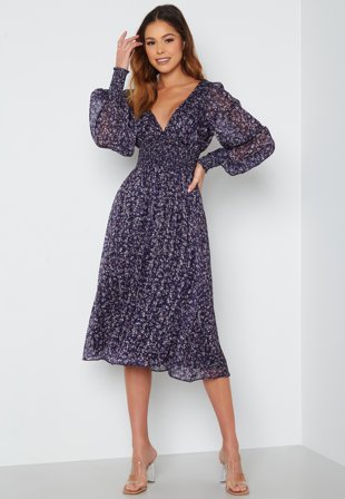 Goddiva Ditsy Long Sleeve Shirred Midi Dress Navy Klær