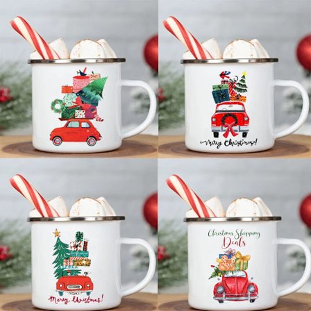 Car Printed Mug Enamel Coffee Cups Handle Hot Cocoa Juice Milk Cup Merry Christmas Mug New Year's Party Decoration Holiday Gifts