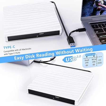 Extern CD DVD-läsare, Extern CD-brännare med USB 3.0 Type-C, Bärbar Slim Extern CD/VCD/-RW/ROM-läsare för Laptop