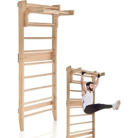 COSTWAY Træ Espalier med 10 Faste Stænger og Aftagelig Vandret Stang til Hjemmetræning, 80X48X195 CM, Belastning 100 KG