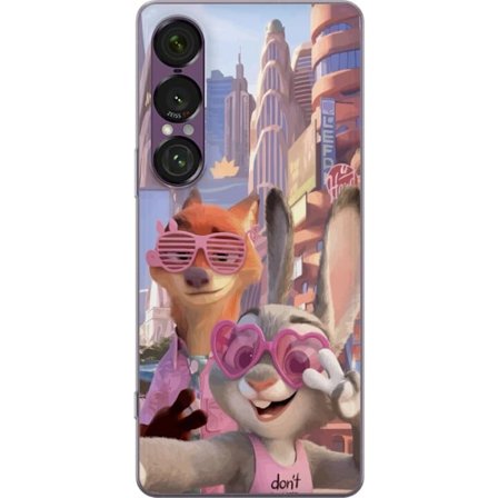 Kompatibel Mobilcover til Sony Sony Xperia 1 VII Animalske figurer i solrig bymiljø med rosa solbriller og en positiv besked i en farverig feel-good