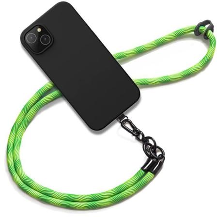 Crossbody etui til iPhone 15 Plus, stødsikker sort silikone med grøn strop