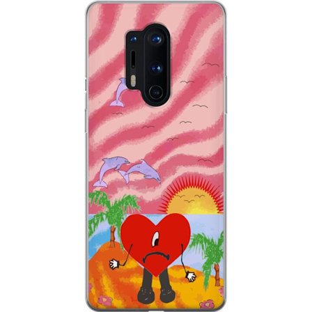 Kompatibelt Mobildeksel til OnePlus 8 Pro Bad Bunny i en fargerik quiltet jakke med hjertemønster og solbriller i moderne gatestil