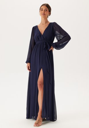 Goddiva - Long Sleeve Chiffon Dress - Navy - Kläder - - Bubbleroom