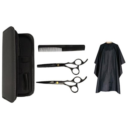 Professionelt frisørsæt: Sort saks - 4 dele - Luksus + gratis forklæde