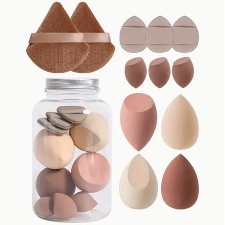 Burk med 12 st. julklapp, 2 lösa puderpuffar & 4 sminkblendingar & 3 mini skönhetsdroppsvampar & 3 mini fingerpuffar