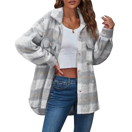 Kvinnors Långärmad Casual Rutig Shacket Jacka Skjortor Krage Tweed Pea Coat