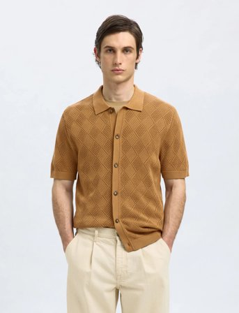Selected Slharco Ss Knit Structure Polo Cardigan - Brown - M
