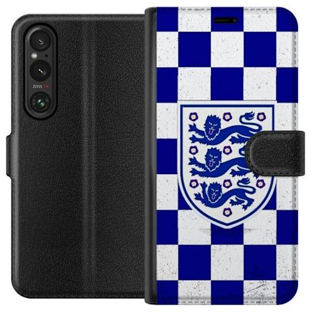 Yhteensopiva Lompakkokotelo Sony Sony Xperia 1 V Graafinen shakkiruudukkokuviointi sinisellä ja valkoisella, klassisella heraldisella vaakunalla, ret