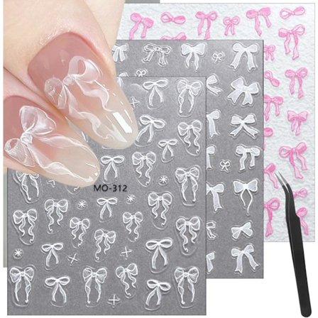 3 ark 5D Präglade Rosett Nagelstickers för Nagelkonst Självhäftande Rosett Nageldekaler Vita Rosa Rosett Nagelkonst Stickers Design