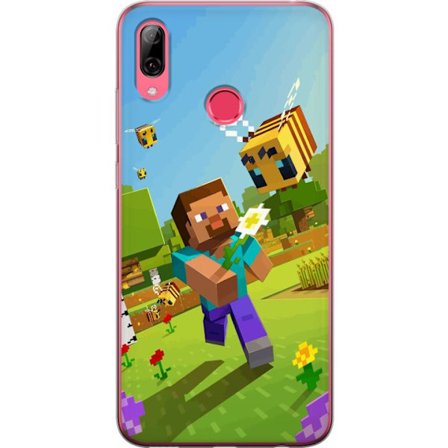 Kompatibel Mobilcover til Huawei Y7 (2019) Minecraft Steve med skraldespand i farverig blokverden legende spilillustration fra Minecraft universet per