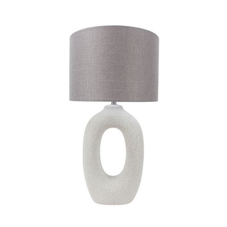 Hvid keramisk bordlampe med grå linnedskærm