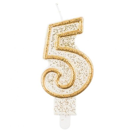 Tårtljus Guldglittrig "0-9" Siffra 5 - Kalaslagret.se