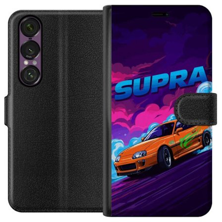 Yhteensopiva Lompakkokotelo Sony Xperia 1 VII Toyota Supra driftaamassa neonvärisellä savulla, nopeuden tunteella ja yöllisessä katukilpailuympär