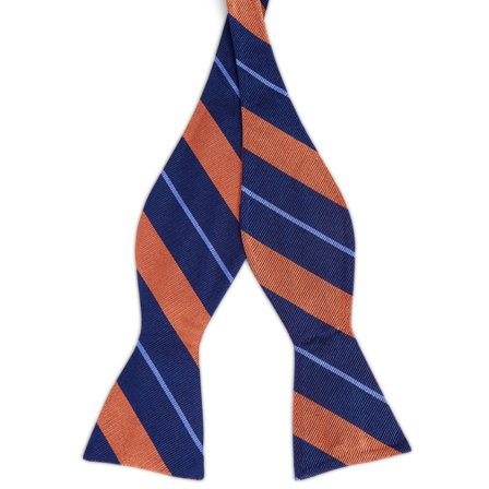 Papion self-tie din mătase bleumarin cu dungi portocalii și albastru pastel pentru bărbați - Papioane self-tie