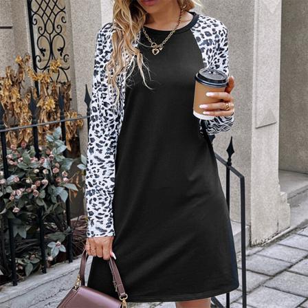 Kvinnor Långärmad T-shirt Klänningar Leopard Print Kort Mini Klänning