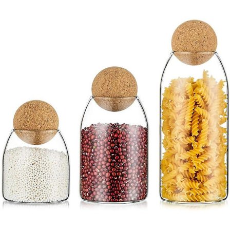 Sett med 3 glasskrukker med lokk, kjøkkenoppbevaringskrukker, beholdersett med trelokk, lufttette beholdere for pasta, mel, spiskammer, 