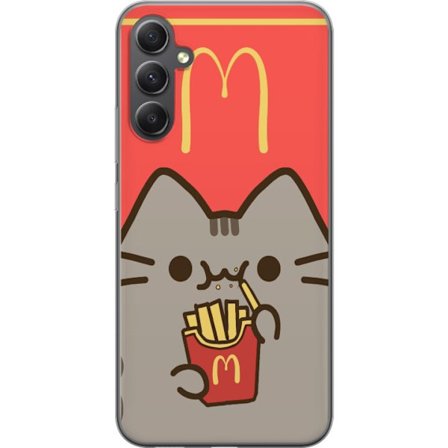 Kompatibelt Mobildeksel til Samsung Galaxy A05s Pusheen-katt som spiser McDonald's-inspirerte pommes frites - søtt og humoristisk motiv i varm fargepa