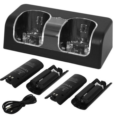 For Nintendo Wii U Dual Remote Controller Charger Charging Dock Station + 2x Genopladelige Batteripakke Tilbehørssæt, Sort