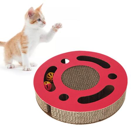 Cat Scratcher Pad leketøy 3 i 1 interaktivt fortykket rund bølgepapp for kattunge skrapeleke med klokkeball Red