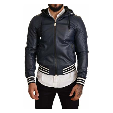 Dolce & Gabbana Leather Hooded Short Bomber Jakke Blå, Herre