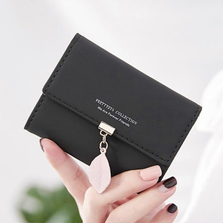 AVEKI Lille pung til kvinder RFID Pung til piger Læder Vegansk Blad Vedhæng Kortholder Organizer Lynlås Møntpung, Sort (LGL)