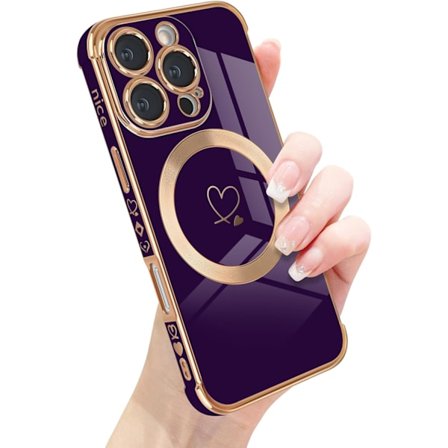 iPhone 16 Pro Cover, Sødt Hjerte Mønster og Guldbelagt Kant Kompatibel med MagSafe Silikonebeskyttelse Sødt Stødsikkert til iPhone 16 Pro