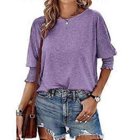 Dam Crew Neck Tunika Topp T-shirt 3/4 Ärm Basic T-shirts Basic Tee Blusar Enfärgad Lös Passform Tunika Topp Blusar Lila L(L Lila)