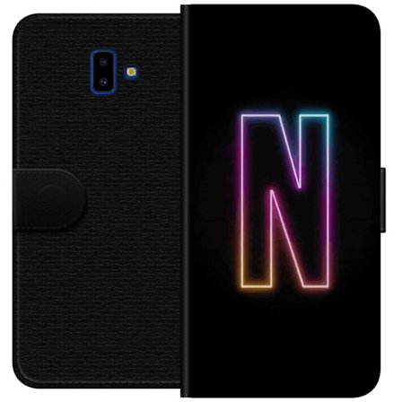 Kompatibel Tegnebogsetui til Samsung Samsung Galaxy J6+ Minimalistisk neonbogstav N i farveskiftende lys mod sort baggrund