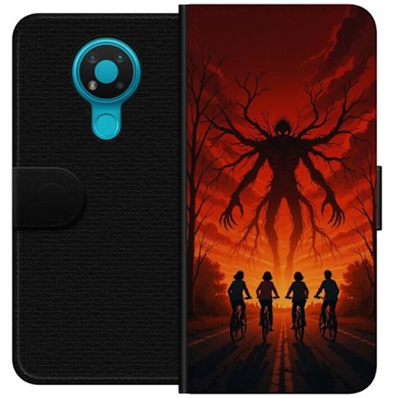 Yhteensopiva Lompakkokotelo Nokia Nokia 3.4 Tumma Stranger Things -inspiroima kauhukuvaus punaisilla taivaalla, hirviöhahmo ja pyöräilevät lapset