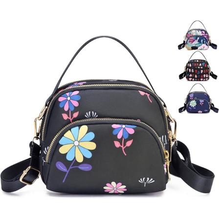 Cross Body Telefonveske Kvinner, Nylon Lommebok Skulder Bag, 3 Lag Zipper Mobiltelefon Pung med Justerbar Rem (Svart Mønster 2)