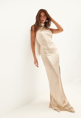 Bubbleroom Occasion - Stretch Satin Halterneck Gown - Champagne