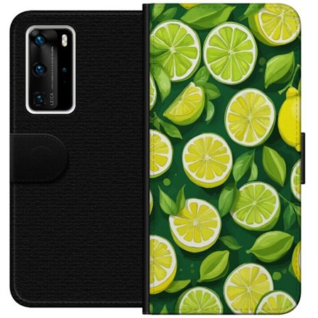 Kompatibel Tegnebogsetui til Huawei P40 Pro Farverigt citrussyre med lime og citroner og grønne blade på en dybgrøn baggrund