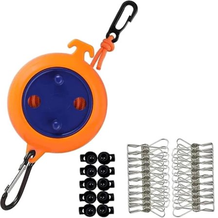 Bärbar Rese Klädlina - 10 meter Justerbar, med 20 Vindsäkra Klädnypor & 10 Fästklämmor, för Hotell, Camping, Trädgård, Inomhus