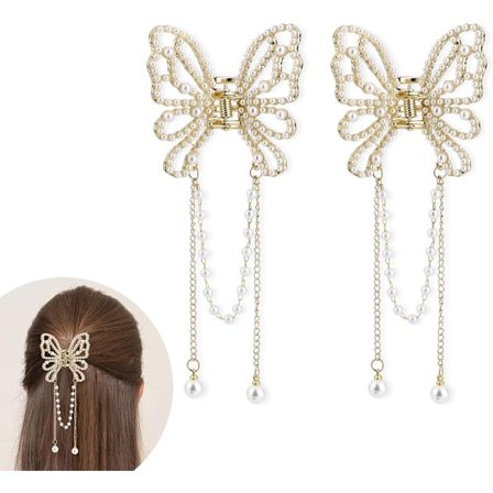2 st Hårspännen med Fjärilar och Berlocker Guld Pärla Fjäril Hårspännen med Pärlor Hänge Kedja Ihåliga Metallspännen Halkfria Håraccessoarer Gåva och