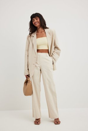 NA-KD Classic Mid Waist Tailored Linen Suit Pants - Sommersæt - Beige - EU 34