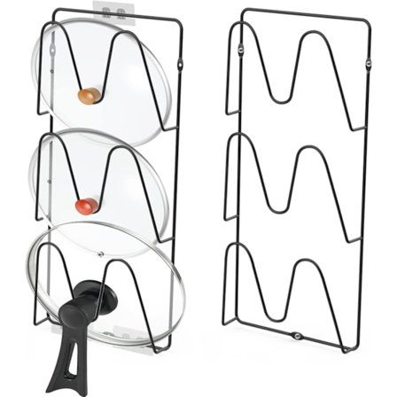 2-pakning Grytelokk Organizer Rack - 3-lags Grytelokkholder Ingen Boring Selvklebende Veggmontert Lokk Rack for Kjøkkenskap Dør Montert Gryte- og 