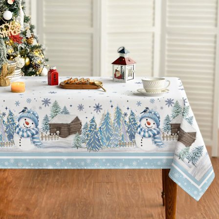 Julebordsduk - Snømann, Tre og Trehusmønster - Blå - 140 x 180 cm - Flekkbestandig Vinterbordslin for Kjøkken, Dekorasjon_jar