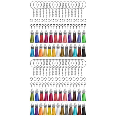 Avaimenperätupsut, 100 kpl nahkaa, 100 kpl hyppyrengasta ja 100 kpl silmäneulaa akryyliavaimenperäaihioille
