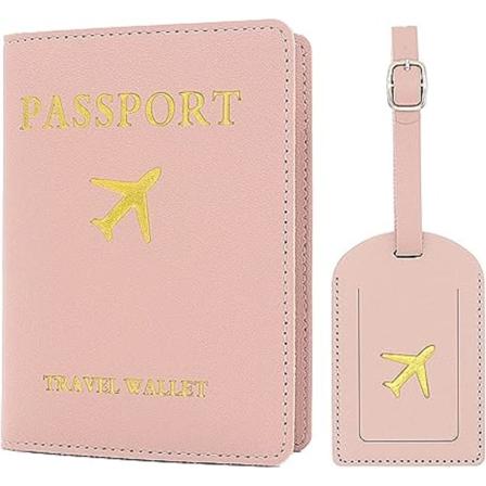 2 bagasjelapper Passveske (rosa), 1 passveske og 1 bagasjelapp, PU-lær bagasjelapp for reisepassbeskyttelse og koffertlapper