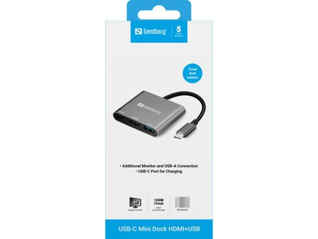 Sandberg USB-C Mini Dock HDMI+USB - Dokkingstasjon - USB - HDMI