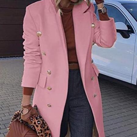 Ny høst og vinter lang uld damefrakke Pink 4XL