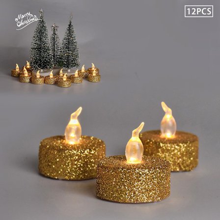 12 stycken LED-glitter-te-ljus, batteridrivna, flamlösa ljus med varmt vitt ljus för julbröllop, mittpunkt