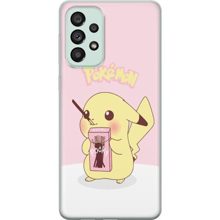 Kompatibel Mobilcover til Samsung Samsung Galaxy A73 5G Pikachu i pink pastelstil, der holder Pocky sød kawaii illustration med bløde farver og popu