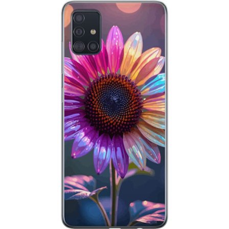 Kompatibelt Mobildeksel til Samsung Galaxy A51 Irideserende blomst med glitrende kronblad i rosa lilla og gull mot myk bokeh bakgrunn