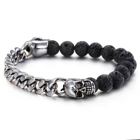 Stainless steel bracelet Cuban link skull volcanic stones