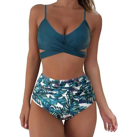 Dam Wrap Bikini Set Push Up hög midja 2 delar baddräkter 87-2 Blue Floral 8-10