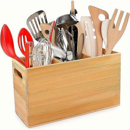 Opbevaringsbeholder, bestikholder med 3 rum, stor bestikholder i bambus, aftagelig bestikbakke, til køkkenbord og skabe, køkkenorganisering