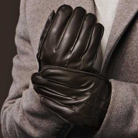 Tmavohnedé rukavice zo svetra a ovčej kože kompatibilné s dotykovou obrazovkou pre mužov - Rukavice na dotykovú obrazovku