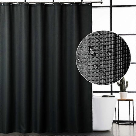 Svart Duschdraperi i Tyg Premiumkvalitet Vattentätt Våffelvävt Texturerat Tyg Duschdraperi 90*180cm